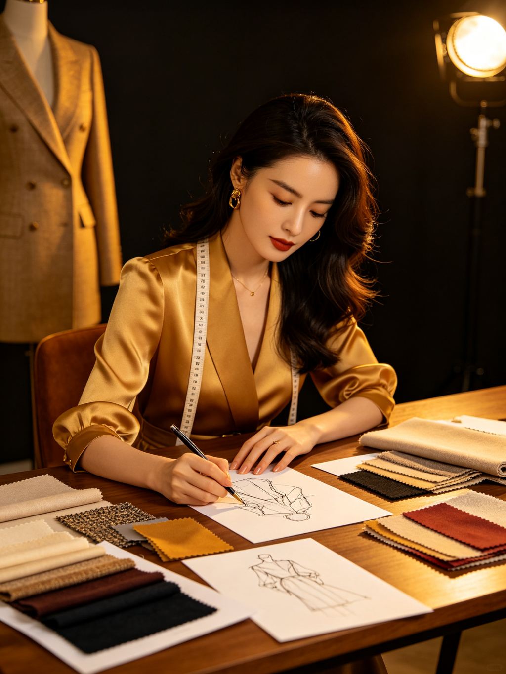 服装设计师在工作室绘制设计稿